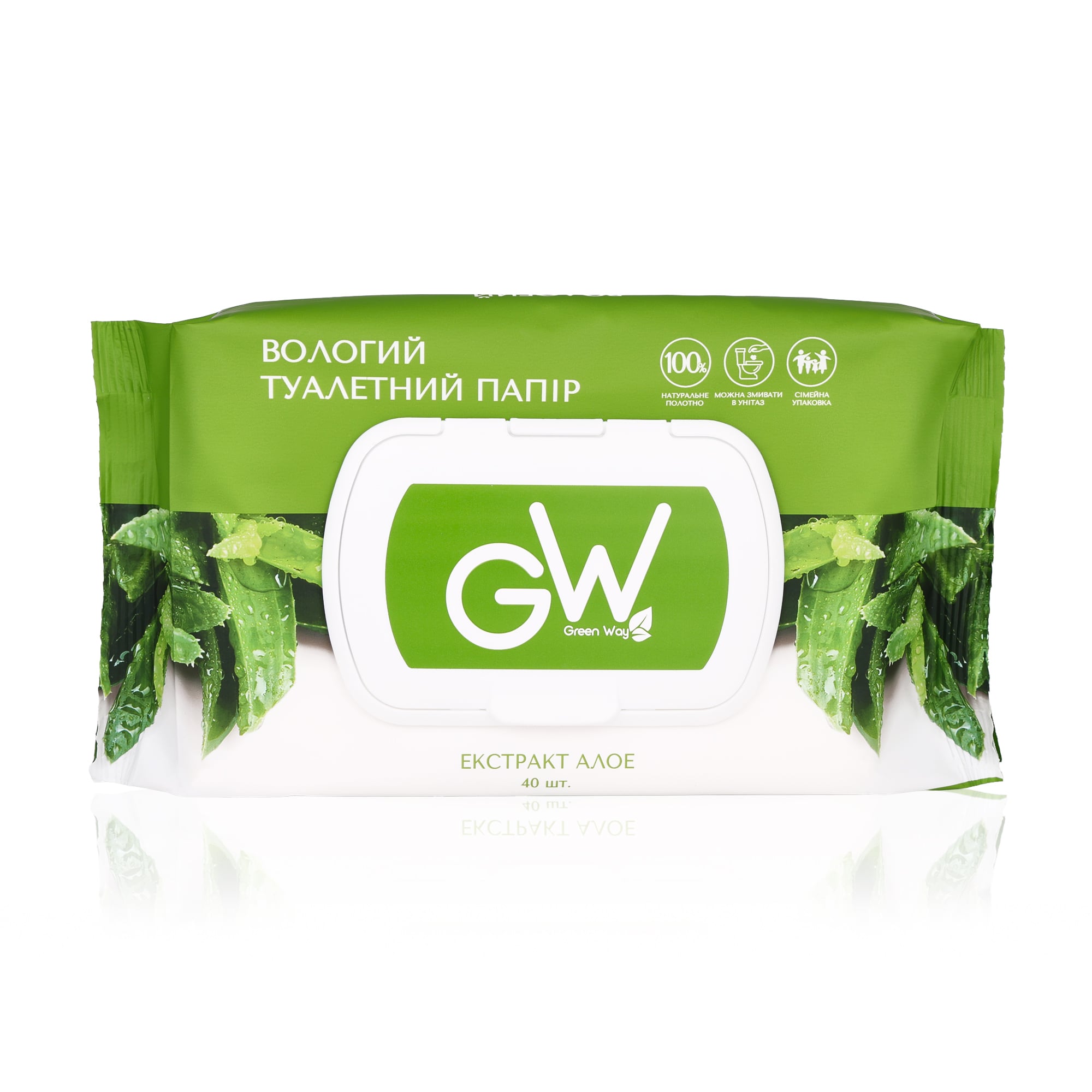 Вологий туалетний папір Green Way ФітоЛінія, 1-шаровий, екстракт алое вера, 40 шт